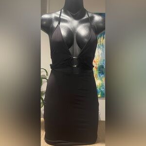 Black Mini Backless Cocktail Dress with Ring Detail, Size Small